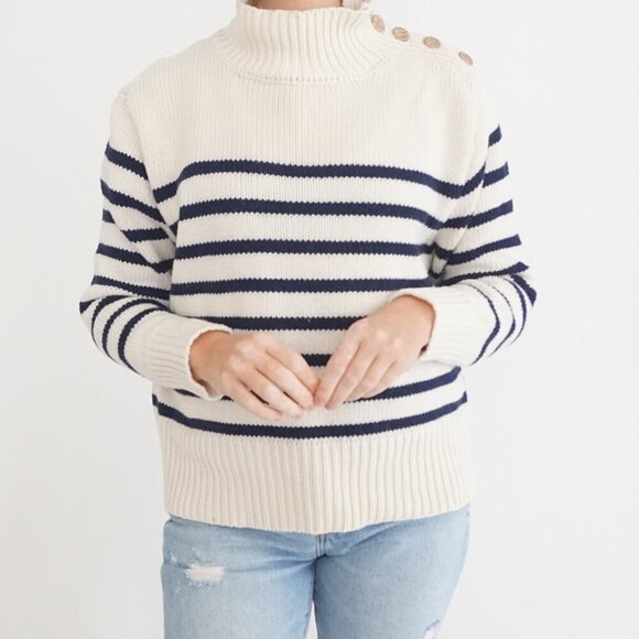 Zora Vichy Collection Cream w Navy Stripe Knit Ribbed Mockneck Sweater S - Picture 2 of 11